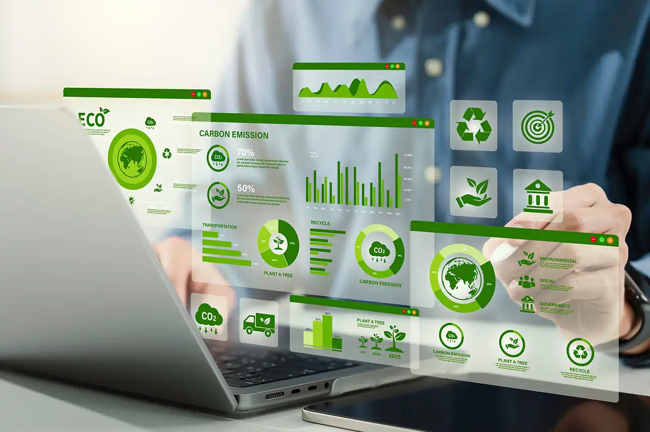 Digital carbon emissions dashboard with charts and sustainability icons